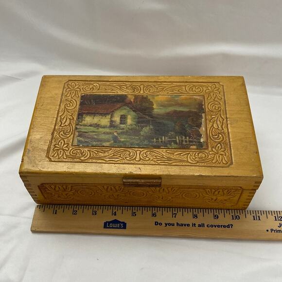 Vintage Wood Footed Jewelry Chocolate Keepsake Trinket Box Carved Mirror Hinged - Picture 7 of 13